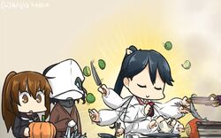  3girls abyssal_ship afterimage apron black_hair black_serafuku brown_eyes brown_hair chi-class_torpedo_cruiser chopsticks closed_eyes commentary_request cooking crescent crescent_pin dated fish food fruit fumizuki_(kancolle) grill grilling hamu_koutarou hand_fan highres houshou_(kancolle) kantai_collection kappougi knife lemon long_hair mask motherly multiple_girls necktie open_mouth paper_fan ponytail pumpkin saury school_uniform serafuku shichirin soy_sauce stove uchiwa 