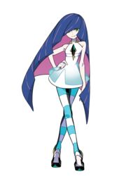  bangs bare_arms bare_shoulders blue_legwear crossed_legs crystal dress female green_eyes hair_over_one_eye hand_on_hip high_heels highres leggings long_hair looking_at_viewer lusamine_(pokemon) multicolored_dress multicolored_hair official_art panty_&amp;_stocking_with_garterbelt photoshop pink_hair pokemon pokemon_(game) pokemon_sm purple_hair see-through short_dress sleeveless sleeveless_dress smile solo stocking_(psg) stocking_(psg)_(cosplay) striped striped_legwear sugimori_ken two-tone_hair very_long_hair watson_cross white_legwear 