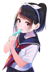  black_hair black_sailor_collar black_skirt blush bow brown_eyes commentary_request female food hairband hairbow kentaurosu licking matsuno_chiya neckerchief original pleated_skirt ponytail popsicle red_neckerchief sailor_collar school_uniform serafuku short_sleeves sidelocks simple_background skirt solo tongue tongue_out white_background white_bow white_hairband 