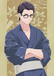  1boy black_hair commentary_request glasses isa_(peien516) japanese_clothes joseph_oda kimono male_focus photoshop_(medium) solo the_evil_within yukata 