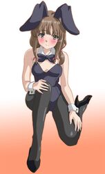  animal_ears azusagawa_kaede ballpoint_pen_(medium) bare_shoulders blush bow bowtie breasts brown_eyes brown_hair cleavage commentary_request detached_collar fake_animal_ears female frown hal-py highres leotard looking_at_viewer pantyhose playboy_bunny rabbit_ears seishun_buta_yarou short_hair solo traditional_media wrist_cuffs 