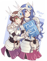  2girls ^^^ achan_(blue_semi) armor black_legwear blue_background blue_eyes blue_hair braid braided_bun breastplate breasts brown_hair commentary_request countdown cowboy_shot cropped_legs duvalie eiyuu_densetsu ennea_(sen_no_kiseki) gauntlets green_eyes grin hair_bun helm helmet highres knight long_hair looking_at_viewer medium_breasts multiple_girls sen_no_kiseki short_hair simple_background single_hair_bun small_breasts smile straight_hair two-tone_background v white_background 