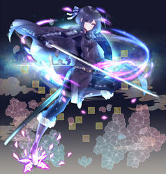  armor black_cape black_hair boots breasts cape commentary_request dark_background female flower full_body fur_trim glint highres holding holding_sword holding_weapon inna_the_queen_of_the_ruined_country kazenagi_hikari pixiv_fantasia pixiv_fantasia_last_saga purple_eyes short_hair small_breasts solo standing standing_on_one_leg sword weapon 