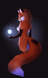  2018 5_fingers anthro ass black_border black_nose border butt_pose canid canine digital_media_(artwork) eyelashes female fingers fox fur hi_res magic_user mammal nude orange_body orange_eyes orange_fur pose simple_background solo standing taykoe 