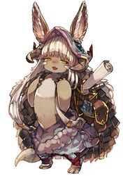  1other :3 animal_ears backpack bag baggy_pants blush chobi_(sakuyasakuhana) claws commentary_request ears_through_headwear facial_mark full_body furry hair_rings helmet horns long_hair made_in_abyss nanachi_(made_in_abyss) nose_blush oerba_yun_fang open_mouth pants pouch rabbit_ears scroll sidelocks silver_hair simple_background smile solo standing tail very_long_hair whisker_markings white_background yellow_eyes 