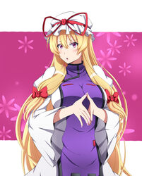  absurdres blonde_hair blush bow breasts commentary_request cowboy_shot dress female fingernails fingers_together floral_background hairbow hat hat_ribbon highres kyoukyan large_breasts long_hair long_sleeves looking_at_viewer mob_cap pink_background purple_eyes ribbon sideways_glance solo tabard touhou two-tone_background very_long_hair white_background white_dress wide_sleeves yakumo_yukari 