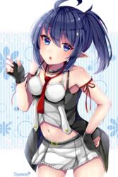  :o ahoge arm_ribbon belt black_gloves blue_eyes blue_hair breasts collar collarbone commentary_request cowboy_shot female fingerless_gloves gloves hair_between_eyes hand_on_own_hip leaning_forward long_hair looking_at_viewer manana_(matoi1111) midriff miniskirt navel necktie phantasy_star phantasy_star_online_2 pleated_skirt pointy_ears ponytail red_necktie red_ribbon ribbon skirt sleeveless small_breasts solo standing stomach striped striped_background white_skirt 