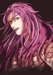  1boy bad_id bad_pixiv_id black_eyes blurry crazy_eyes diavolo fishnets jojo_no_kimyou_na_bouken lipstick long_hair makeup male_focus mizudama photoshop_(medium) pink_hair pink_lips solo upper_body 