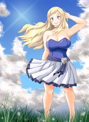  adahcm blonde_hair blue_dress blue_eyes boku_no_hero_academia breasts choker cleavage cloud cloudy_sky collarbone collared_shirt commentary cowboy_shot day dress earrings female highres jewelry large_breasts lips long_hair looking_at_viewer melissa_shield shirt skirt sky solo strapless strapless_dress swept_bangs thick_thighs thighs 