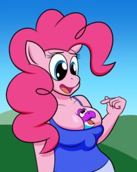  4:5 absurd_res ambiguous_gender anthro anthrofied between_breasts blush breasts cleavage clothed clothing crossover digital_media_(artwork) duo equid female friendship_is_magic half-length_portrait hasbro hi_res mammal marcodile mario_bros my_little_pony nintendo pinkie_pie_(mlp) portrait purple_yoshi reptile scalie solo_focus yoshi 