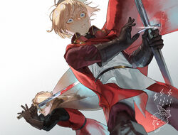  2boys artist_name black_gloves blonde_hair blood blood_on_weapon blue_eyes cape commentary_request dylan_the_island_king ethan_the_exiled_hero facial_hair fighting_stance frown glint gloves grey_cape holding holding_sword holding_weapon long_sleeves male_focus multiple_boys pixiv_fantasia pixiv_fantasia_last_saga psyche_(arcadia) red_cape standing stubble surprised sword weapon 