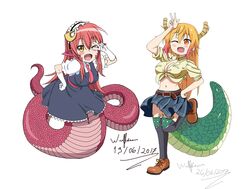  2017 2girls ;d blonde_hair blush bow breasts cosplay costume_switch crossover dragon_girl dragon_horns dragon_tail frilled_gloves frilled_sleeves frills front-tie_top gloves hair_between_eyes hair_ornament hairclip happy highres horns kobayashi-san_chi_no_maidragon lamia long_hair long_tail maid maid_headdress midriff miia_(monster_musume) miia_(monster_musume)_(cosplay) miniskirt monster_girl monster_musume_no_iru_nichijou multicolored_hair multiple_girls oerba_yun_fang one_eye_closed open_mouth orange_eyes orange_hair pleated_skirt pointy_ears puffy_short_sleeves puffy_sleeves red_bow red_hair scales shirt shoes short_sleeves simple_background skirt slit_pupils smile source_request tail teeth tied_shirt tohru_(maidragon) tohru_(maidragon)_(cosplay) w white_background white_gloves wulfsenn yellow_eyes 