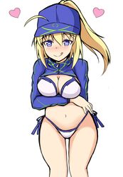  +++ :q absurdres ahoge arm_under_breasts artoria_pendragon_(fate) baseball_cap bikini blue_eyes blue_hat blue_jacket blush breast_hold breasts cleavage closed_mouth commentary_request fate/grand_order fate_(series) female flat_cap groin hair_between_eyes hair_through_headwear hat heart heart-shaped_pupils high_ponytail highres jacket long_hair long_sleeves looking_at_viewer medium_breasts mitchi mysterious_heroine_xx_(fate) navel nose_blush ponytail shrug_(clothing) side-tie_bikini_bottom smile solo standing swimsuit symbol-shaped_pupils tongue tongue_out white_bikini 