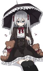  bad_id bad_twitter_id black_jacket black_skirt black_thighhighs bow bowtie buttons center_frills closed_mouth collared_shirt commentary double-breasted female frilled_skirt frills gothic_lolita green_eyes grey_hair hair_between_eyes hairbow high-waist_skirt holding holding_stuffed_toy holding_umbrella jacket lolita_fashion long_hair looking_at_viewer murakami_meishi open_clothes open_jacket original red_bow shirt shirt_tucked_in simple_background sitting skirt solo stuffed_animal stuffed_toy teddy_bear thighhighs two_side_up umbrella white_background white_shirt zettai_ryouiki 