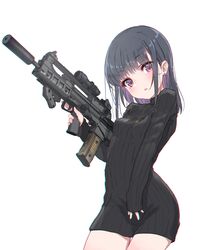  assault_rifle black_hair black_sweater bullpup chromatic_aberration commentary_request earrings female gun highres holding holding_gun holding_weapon jewelry long_hair looking_at_viewer necklace oota_youjo original parted_lips pink_eyes rifle scope sleeves_past_wrists solo stud_earrings suppressor sweater trigger_discipline turtleneck turtleneck_sweater vhs-d2 weapon white_background 