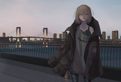  absurdres aki_(tabao) blonde_hair bridge can cityscape commentary_request denim female green_eyes highres holding jacket jacket_on_shoulders jeans looking_at_viewer medium_hair original outdoors oversized_clothes pants shirt_slip solo tabao torn_clothes torn_jeans torn_pants 