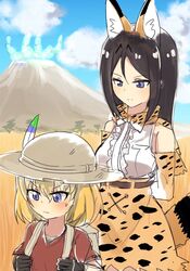  2girls animal_ear_fluff animal_ears backpack bag black_hair blonde_hair blue_eyes blue_sky bow bowtie chawan_(yultutari) closed_mouth commentary cosplay day elbow_gloves extra_ears field girls_und_panzer gloves hat hat_feather helmet high-waist_skirt highres holding_strap kaban_(kemono_friends) kaban_(kemono_friends)_(cosplay) katyusha_(girls_und_panzer) kemono_friends light_frown long_hair looking_at_another looking_to_the_side miniskirt multiple_girls nonna_(girls_und_panzer) orange_bow orange_bowtie outdoors pith_helmet print_bow print_bowtie print_gloves print_skirt red_shirt serval_(kemono_friends) serval_(kemono_friends)_(cosplay) serval_print shirt short_hair short_sleeves skirt sky sleeveless standing sweatdrop swept_bangs tail two-tone_bowtie volcano white_bow white_bowtie white_shirt yellow_bow yellow_bowtie yellow_gloves yellow_skirt 