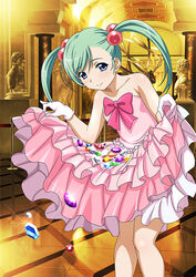  bare_shoulders blue_eyes bow collarbone dress female flat_chest frilled_dress frills gem gloves green_hair hair_bobbles hair_ornament ikkitousen indoors long_hair photoshop_(medium) pink_bow pink_dress pink_gloves shokatsuryou_koumei skirt_hold smile solo strapless strapless_dress twintails 