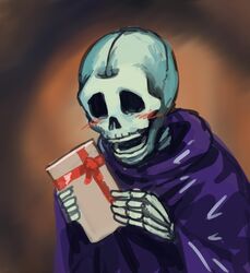  blush chanta_(ayatakaoisii) commentary duel_monster gift happy highres holding holding_gift no_humans pun purple_robe robe skeleton skull_servant solo white_day yu-gi-oh! 