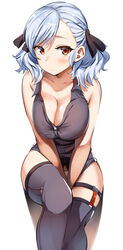  asymmetrical_bangs bangs between_legs breasts cleavage commentary_request eyebrows_visible_through_hair girls_frontline grey_legwear hair_ribbon hand_between_legs highres large_breasts lolicept looking_at_viewer md5_mismatch medium_hair no_pants panties red_eyes ribbon shirt silver_hair simple_background sitting skindentation sleeveless sleeveless_shirt solo spas-12_(girls_frontline) sweat thighhighs underwear white_background 