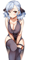  asymmetrical_bangs bangs between_legs breasts cleavage closed_mouth commentary_request eyebrows_visible_through_hair girls_frontline grey_legwear hair_ribbon hand_between_legs highres large_breasts lolicept looking_at_viewer medium_hair no_pants panties red_eyes revision ribbon shirt silver_hair simple_background sitting skindentation sleeveless sleeveless_shirt solo spas-12_(girls_frontline) sweat thighhighs underwear white_background 