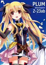  :d artist_name ass_visible_through_thighs belt black_dress black_gloves black_panties black_ribbon blonde_hair blue_sky blush breasts brown_belt commentary_request cowboy_shot dress elbow_gloves fate_testarossa fate_testarossa_(blaze_form_ii) female floating_hair gloves hair_between_eyes hair_ribbon kanna_(plum) long_hair looking_at_viewer lyrical_nanoha mahou_shoujo_lyrical_nanoha_reflection medium_breasts miniskirt open_mouth overskirt panties photoshop_(medium) pink_skirt pleated_skirt print_dress red_eyes ribbon short_dress skin_tight skirt sky smile solo standing thighhighs twintails underwear unworn_cape very_long_hair 