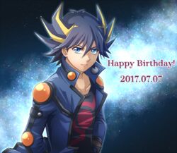  1boy black_shirt blue_eyes blue_hair blue_jacket collarbone commentary_request dated facial_mark fudo_yusei hair_between_eyes hands_on_own_hips happy_birthday jacket looking_at_viewer male_focus mitsucho multicolored_hair open_clothes open_jacket print_shirt shirt sky smile solo spiked_hair star_(sky) starry_sky streaked_hair two-tone_hair upper_body yu-gi-oh! yu-gi-oh!_5d&#039;s 