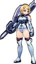  animated animated armor armored_boots blonde_hair female gloves hair_ornament hairpin huge_weapon natalia_glinka panties pixel_art red_eyes short_hair simple_background solo transparent_background vanguard_princess weapon 