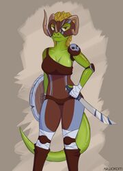  anthro argonian armor arwokom bone breasts cleavage clothed clothing female green_body green_skin headgear helmet horn markings melee_weapon microsoft non-mammal_breasts scalie shield skull solo standing suit sword the_elder_scrolls tribal tribal_markings warrior weapon 