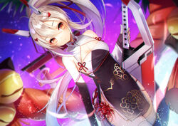  amahara_pekozaemon ayanami_(azur_lane) ayanami_(lunar_demon)_(azur_lane) azur_lane bare_shoulders blush breasts brown_dress brown_eyes brown_gloves china_dress chinese_clothes cleavage cleavage_cutout closed_mouth clothing_cutout commentary_request detached_sleeves dress dutch_angle elbow_gloves female fingerless_gloves gloves hair_between_eyes hair_ornament hair_ribbon hairclip head_tilt headgear holding holding_sword holding_weapon light_brown_hair long_hair long_sleeves looking_at_viewer medium_breasts official_alternate_costume ponytail red_ribbon ribbon sidelocks single_detached_sleeve sleeveless sleeveless_dress solo sword thighhighs torii very_long_hair weapon white_sleeves white_thighhighs wide_sleeves 