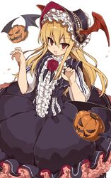  bat_(animal) bat_wings blonde_hair blush bonnet center_frills claw_pose commentary dress female flower frilled_dress frilled_hairband frilled_skirt frilled_sleeves frills gothic_lolita hair_between_eyes hair_ornament hairband head_wings jack-o&#039;-lantern lolita_fashion long_hair looking_at_viewer murakami_meishi oerba_yun_fang open_mouth petticoat pointy_ears puffy_sleeves purple_dress red_eyes red_flower red_rose rose shingeki_no_bahamut skirt smile solo_focus vampy wings 