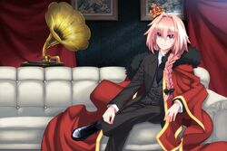  1boy alternate_costume androgynous astolfo_(fate) black_bow black_pants black_ribbon black_vest blush bow braid cape commentary_request couch crossed_legs crown fate/apocrypha fate/grand_order fate_(series) formal gloves hair_intakes hair_ribbon highres jacket long_braid long_hair looking_at_viewer male_focus mini_crown necktie oerba_yun_fang open_clothes open_jacket pants phonograph pink_eyes pink_hair pinstripe_pattern pinstripe_vest red_cape ribbon shirt single_braid sitting skin_fang smile solo striped_clothes striped_vest suit suit_jacket uiu vest white_gloves white_shirt 