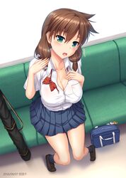  amano_megumi amano_megumi_wa_suki_darake! blush breasts brown_hair cleavage collarbone female female from_above green_eyes hot large_breasts long_hair looking_at_viewer miniskirt miyai_max open_mouth school_uniform schoolbag shirt sitting skirt solo sweat uniform 