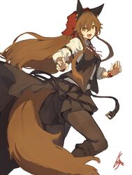  animal_ears bandana boots bracelet breasts brown_eyes brown_hair female highres jewelry lansane long_hair long_sleeves looking_at_viewer oerba_yun_fang open_mouth original pantyhose skirt sleeve_garter solo tail tsana_(lansane) vest 