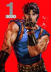  1boy bad_id bad_pixiv_id black_hair blue_eyes fabulous fingerless_gloves gloves hand_over_face jojo_no_kimyou_na_bouken jojo_pose jonathan_joestar jonathan_joestar&#039;s_pose_(jojo) male_focus muscular navel phantom_blood pose shirt sleeveless sleeveless_shirt smile solo ug_(ugg) upper_body 