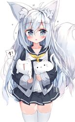  absurdres ahoge animal animal_ear_fluff animal_ears animal_hug blue_eyes blue_sailor_collar blue_shirt blue_skirt blush cat_ears collarbone commentary cowboy_shot female fox_ears fox_girl fox_tail grey_hair hair_between_eyes highres karameru_(character) long_hair long_sleeves looking_at_viewer neckerchief original parted_lips ping_myu_ring_(tandohark) pleated_skirt ribbon sailor_collar school_uniform serafuku shirt simple_background skirt sleeves_past_wrists solo sparkle tail tail_ornament tail_ribbon tandohark thigh_gap thighhighs very_long_hair white_background white_thighhighs wide_sleeves yellow_neckerchief 