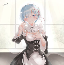  apron black_ribbon black_skirt black_sleeves blue_eyes blue_hair breasts choker cleavage commentary_request corset crying detached_sleeves eyes_visible_through_hair female flower frilled_apron frills fuu_(fuore) hair_between_eyes hair_flower hair_ornament hair_over_one_eye hair_ribbon hand_on_own_chest head_tilt head_wreath highres indoors lens_flare long_sleeves looking_at_viewer maid medium_breasts neck_ribbon re:zero_kara_hajimeru_isekai_seikatsu red_ribbon rem_(re:zero) ribbon ribbon-trimmed_sleeves ribbon_trim roswaal_mansion_maid_uniform short_hair signature skirt solo standing tears waist_apron white_apron white_flower window 