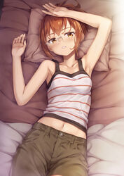  armpits arms_up bare_arms bare_shoulders bed_sheet blush breasts brown_eyes brown_hair brown_shorts camisole chio-chan_no_tsuugakuro collarbone commentary_request female fingernails glasses hand_on_own_head head_tilt highres lying midriff miyamo_chio navel on_back parted_lips partial_commentary photoshop_(medium) pillow revision short_hair short_shorts shorts small_breasts solo striped striped_camisole sweat tomifumi white_camisole 