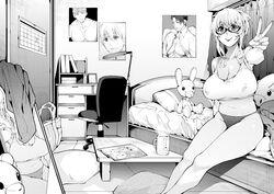  azukiko bare_shoulders bed bed_sheet bedroom breasts calendar_(object) chair cleavage clothes coffee commentary covered_nipples desk desk_lamp female glasses greyscale indoors lamp large_breasts mattress mirror monochrome original outstretched_hand panties photoshop_(medium) poster_(object) sidelocks sitting stuffed_animal stuffed_toy table tank_top teddy_bear underwear v 