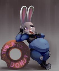  2016 5:6 absurd_res anthro arm_support belly big_belly clothing dessert disney doughnut eating female food fur grey_body grey_fur hi_res judy_hopps lagomorph leporid long_ears mammal metalforever overweight overweight_anthro overweight_female pastry police police_officer_eating_donut police_uniform purple_eyes rabbit sign solo thick_thighs tight_clothing uniform wide_hips zootopia 