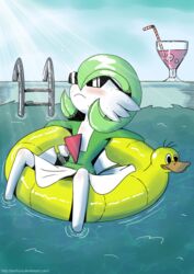  ambiguous_gender animal_pool_toy animal_swim_ring anzhyra arms_bent arms_over_edge bent_legs beverage blush eyewear feet_in_water gardevoir generation_3_pokemon green_hair hair hi_res inanimate_object inflatable inflatable_ride inflatable_support inner_tube ladder legs_over_edge nintendo not_furry on_pool_toy on_swim_ring over_edge partially_submerged pokemon pokemon_(species) pool_toy solo straw_(disambiguation) sunglasses sunken_seat supported_arms supported_legs swim_ring swimming_pool swimming_pool_ladder up_and_over white_body white_skin 