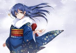  blue_hair blush closed_mouth commentary_request cowboy_shot female floral_print flower furisode hair_between_eyes hair_flower hair_ornament inue_shinsuke japanese_clothes kimono long_hair long_sleeves looking_at_viewer love_live! love_live!_school_idol_project smile snow snowing solo sonoda_umi wide_sleeves yellow_eyes 