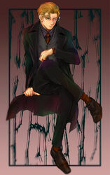  1boy bad_id bad_pixiv_id blonde_hair blue_eyes blurry coat collared_shirt crossed_legs formal full_body jojo_no_kimyou_na_bouken kira_yoshikage male_focus mizudama necktie photoshop_(medium) shirt sitting solo suit vest watch wristwatch 