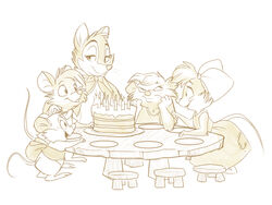  2018 4:3 anthro birthday_cake bow_(feature) cake candle clothed clothing conditional_dnp cynthia_brisby dessert don_bluth dress female fire food fur furniture group hair jonas male mammal martin_brisby mouse mrs._brisby murid murine open_mouth plate rodent smile table teresa_brisby the_secret_of_nimh timothy_brisby whiskers wood_mouse young 