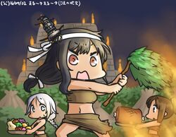  3girls alternate_costume black_hair blue_eyes boned_meat braid brown_eyes brown_hair carrying commentary_request dated food fruit grey_hair hair_ornament hamu_koutarou headband i-401_(kancolle) kantai_collection long_hair low-tied_long_hair meat midriff multiple_girls navel open_mouth ponytail pyramid_(structure) red_eyes sarong single_braid squash sweatdrop tribal umikaze_(kancolle) yamashiro_(kancolle) 