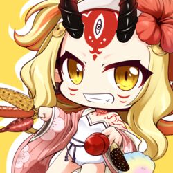  bare_shoulders blonde_hair brown_eyes candy_apple chibi chocolate_banana commentary_request corn cotton_candy dutch_angle facial_mark fate/grand_order fate_(series) female floral_print flower food forehead_mark grin hair_flower hair_ornament hibiscus holding holding_food horns ibaraki_douji_(fate) ibaraki_douji_(swimsuit_lancer)_(fate) ibaraki_douji_(swimsuit_lancer)_(second_ascension)_(fate) japanese_clothes kimono long_hair long_sleeves looking_at_viewer md5_mismatch oerba_yun_fang one-piece_swimsuit oni oni_horns open_clothes open_kimono parted_bangs pink_kimono print_kimono red_flower sausage shachoo. shadow smile solo strapless strapless_one-piece_swimsuit swimsuit very_long_hair white_one-piece_swimsuit wide_sleeves yellow_background 