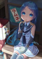  black_thighhighs blue_eyes blue_hair commentary_request cowboy_shot eating elbow_gloves female food g_pon_(gachapon) gloves gradient_hair hand_up hane_yoshiyumi highres ice_cream interior kantai_collection long_hair looking_at_viewer multicolored_hair neckerchief sailor_collar samidare_(kancolle) school_uniform serafuku shirt sitting sleeveless sleeveless_shirt solo swept_bangs thighhighs very_long_hair zettai_ryouiki 