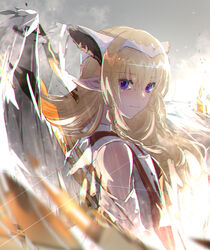  blonde_hair blue_eyes braid commentary_request detached_sleeves falia_the_queen_of_the_mountains female grey_sky headpiece long_hair looking_at_viewer md5_mismatch outdoors photoshop_(medium) pixiv_fantasia pixiv_fantasia_last_saga pointy_ears resolution_mismatch ryuuzaki_ichi sky source_larger standing twin_braids white_wings wings 