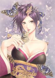  bare_shoulders breasts brown_eyes bug butterfly butterfly_background cleavage collarbone commentary_request earrings female hair_ornament hair_stick japanese_clothes jewelry jyan_borii kimono large_breasts mole mole_under_mouth nail_polish nouhime_(sengoku_musou) purple_hair purple_nails sengoku_musou solo upper_body 