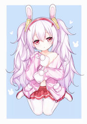  :o animal_ears azur_lane bare_shoulders blue_background blush collarbone commentary_request female hair_between_eyes hair_ornament hairband head_tilt heart highres jacket laffey_(azur_lane) long_hair long_sleeves looking_at_viewer navel off_shoulder open_clothes open_jacket pantyhose parted_lips pink_jacket pleated_skirt purple_hair rabbit_ears red_eyes red_hairband red_skirt shoes skirt sleeves_past_fingers sleeves_past_wrists solo tengxiang_lingnai twintails two-tone_background very_long_hair white_background white_footwear white_pantyhose 